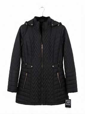 97-NWT-Gallery Black Chevron-Quilted Hooded Puffer Coat w/Removable Hood (3X)